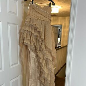 Cream and Gold Asymmetrical Ruffled Tiered Gown